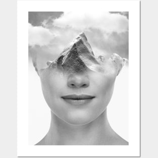 Black and white portrait of a dreaming girl in collage style Posters and Art